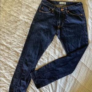 Crisp rigid denim jeans by ACNE, dark wash, straight leg, sz. 26/32.
